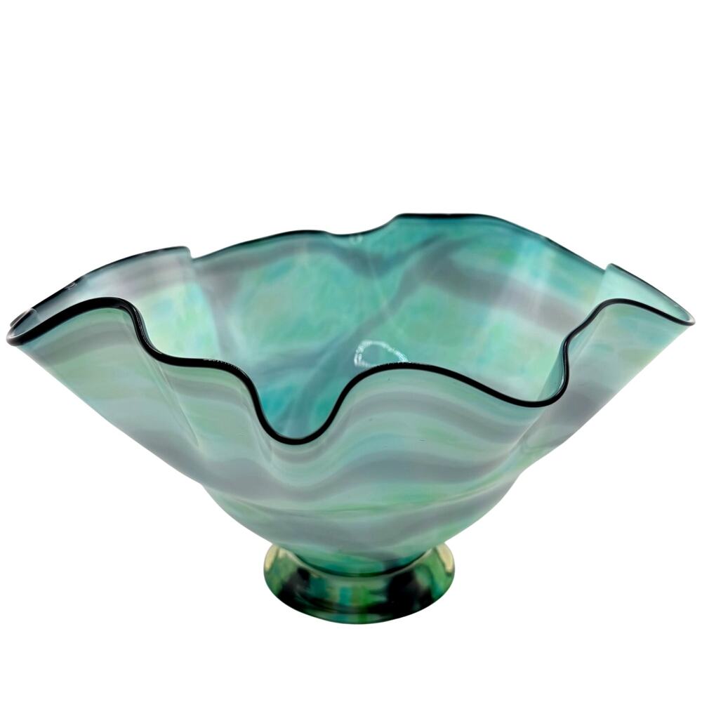 Hand Blown Art Glass Pedestal Bowl Blue Green Purple Wavy Ruffled Centerpiece